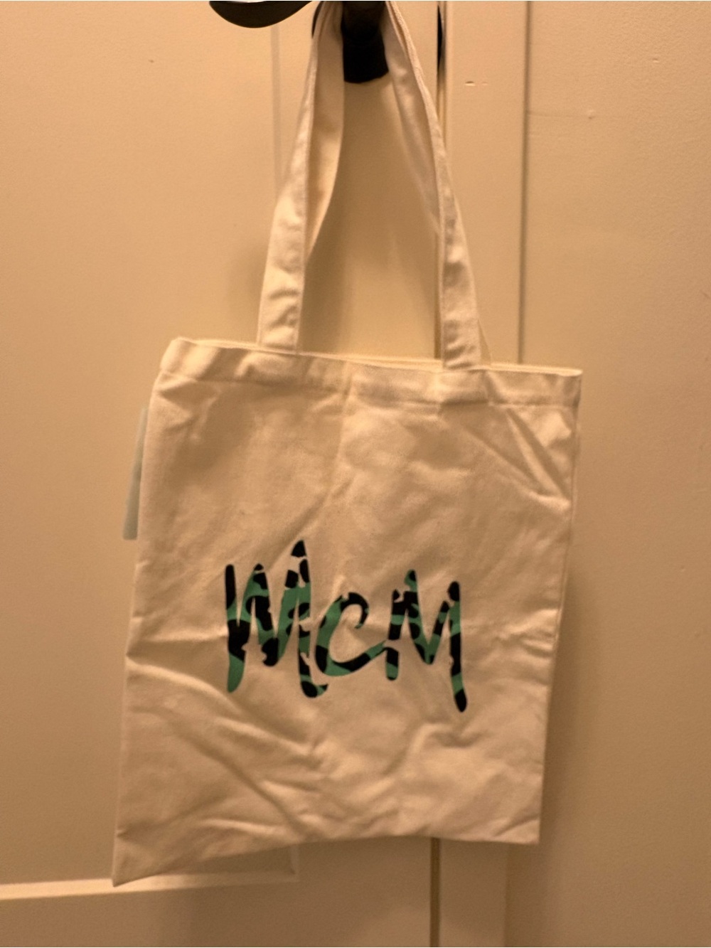 MCM White Canvas Tote with Green Camo Logo